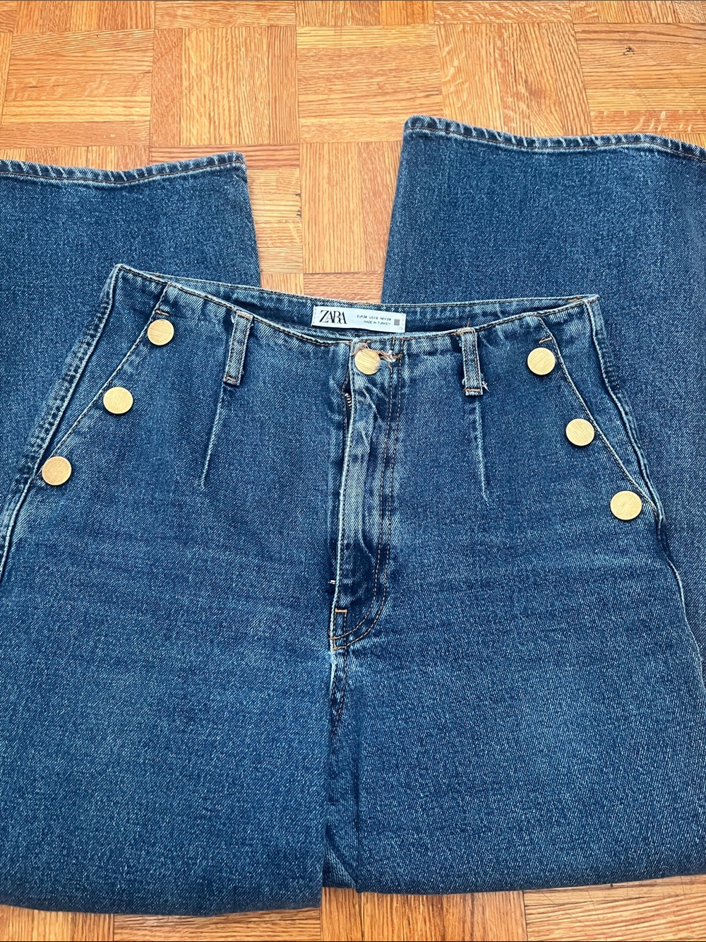 Zara Navy High-Rise Jeans with Gold Buttons